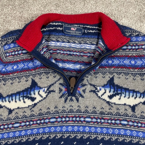 Vineyard Vines Sweater Mens Medium Marlin Fair Isle Birds Eye Wool Alpaca Zip - Picture 2 of 13